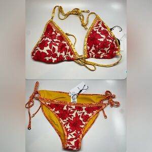 Reiss Red and Yellow Bikini with Triangle Top and Tie-Side Bottoms